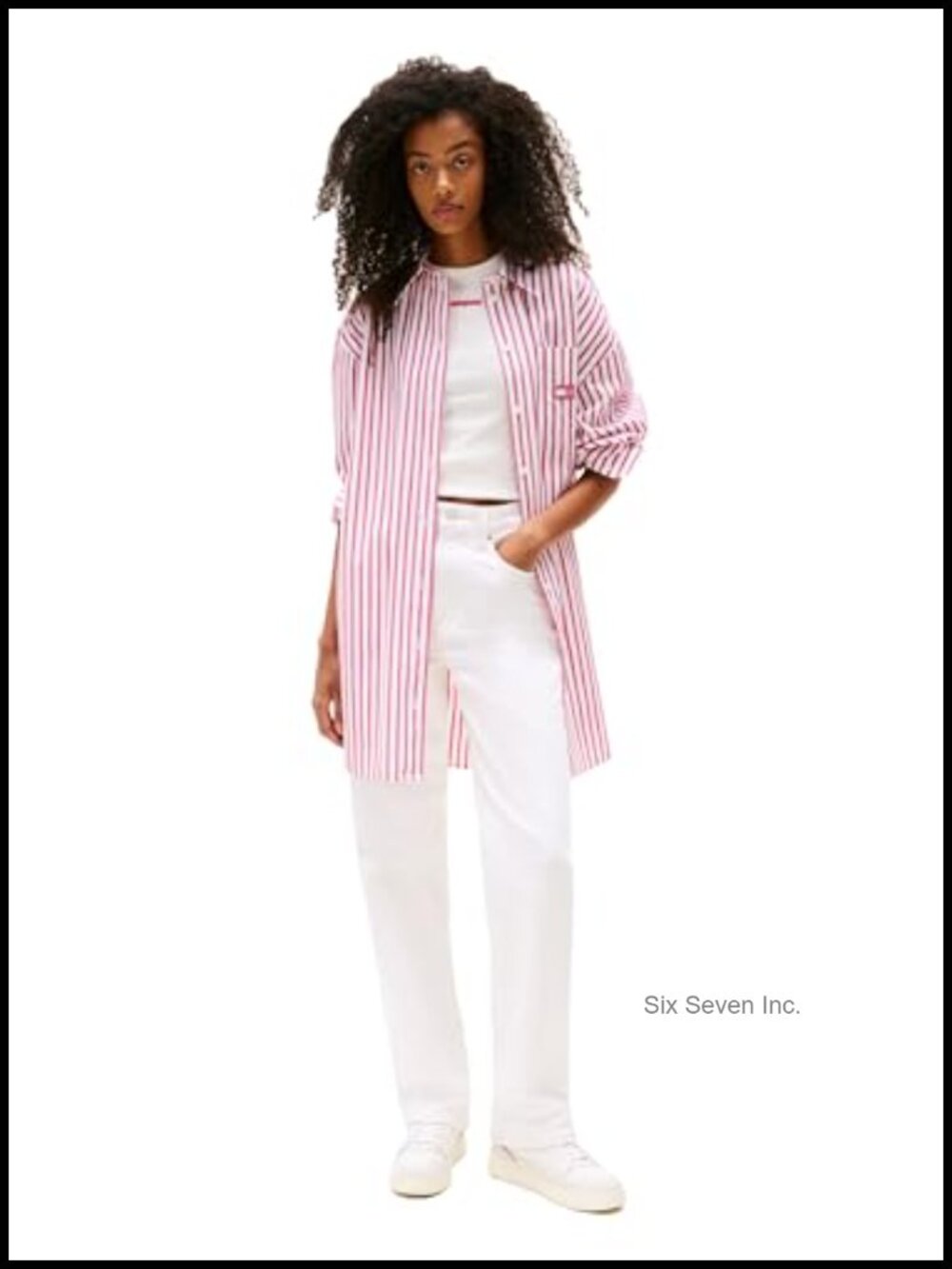 Cotton Shirt Dress with Flag Logo Button Front Long Sleeve